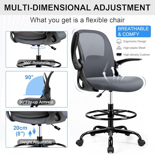 Primy Drafting Chair Tall Office Chair with Flip-up Armrests Executive Ergonomic Computer Standing Desk Chair with Lumbar Support and Adjustable