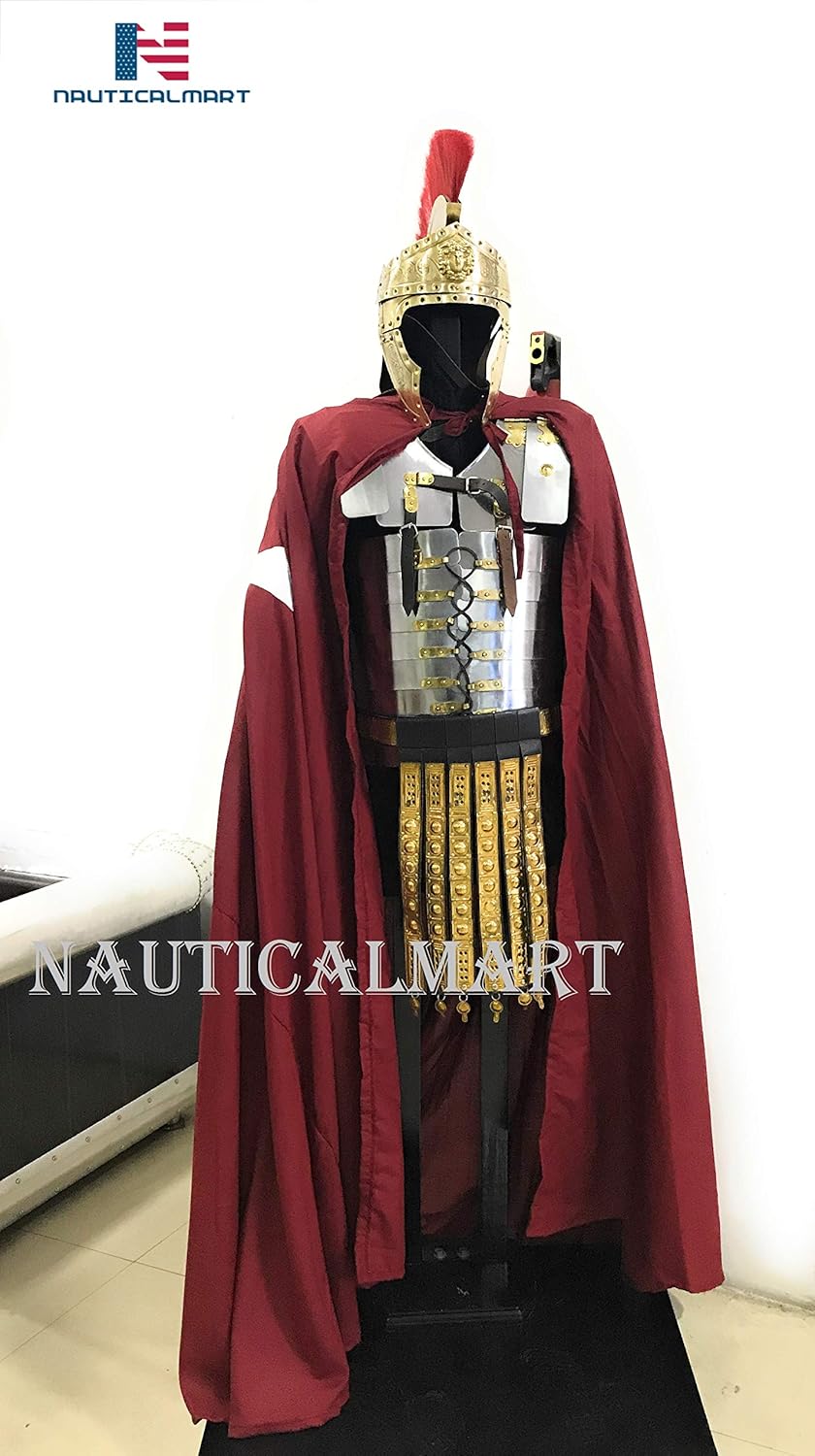 NauticalMart Roman Lorica Segmentata Armor with Attached Roman Cingulum Belt, Cloak and Roman Helmet Halloween Functional Complete Outfit