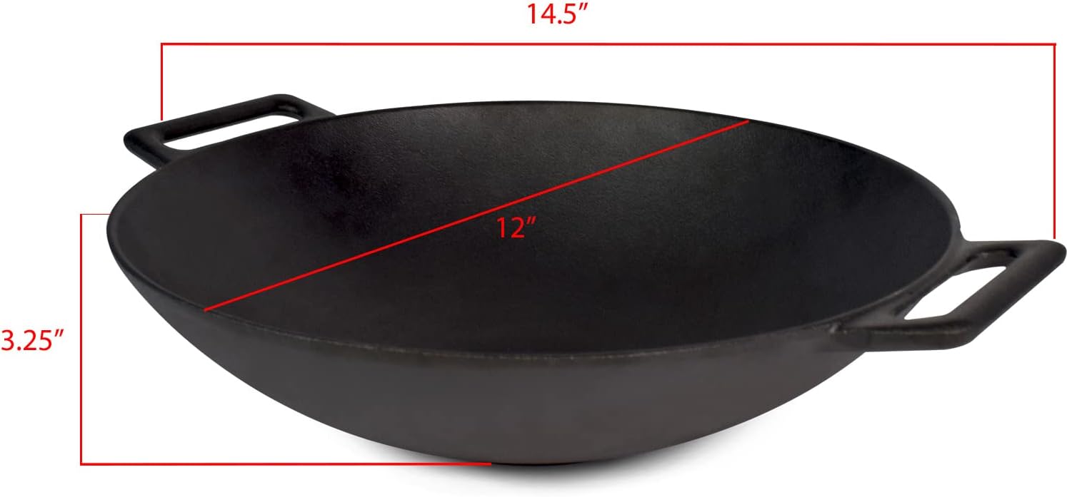 Jim Beam 12'' Pre Seasoned Heavy Duty Construction Cast Iron Grilling Wok, Griddle and Stir Fry Pan
