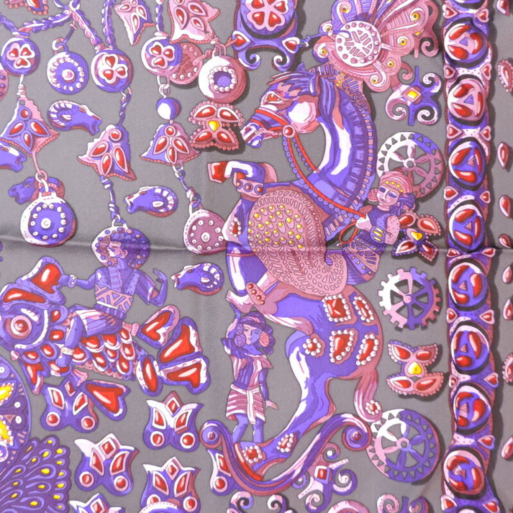 Pre-Owned Hermes Carre 90 Hidden Treasure Women's Scarf Muffler 100% Silk Gray Purple Orange (Good)