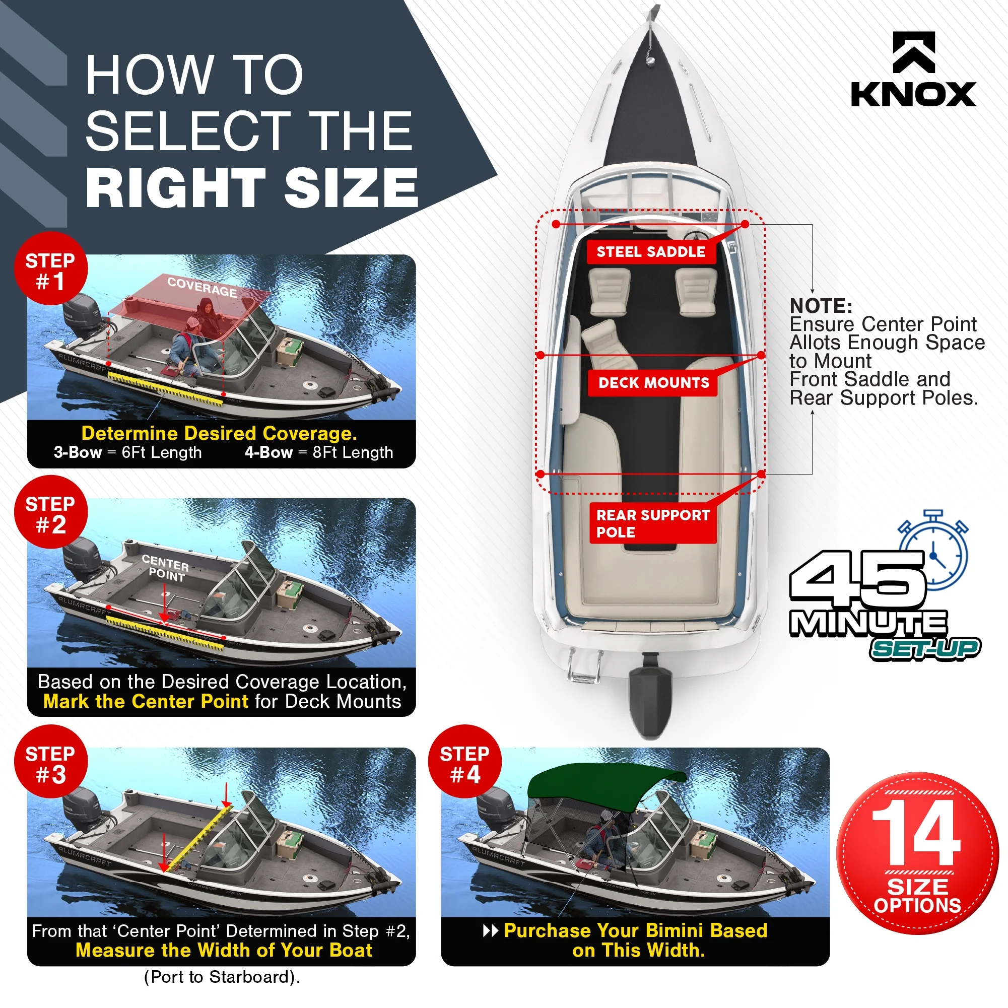KNOX Universal 3-Bow Bimini Tops for Boats Cover Side Walls, Support Poles, Fade-Proof 900D Marine Canvas, Storage Boot, Sun Shade Canopy For Pontoon