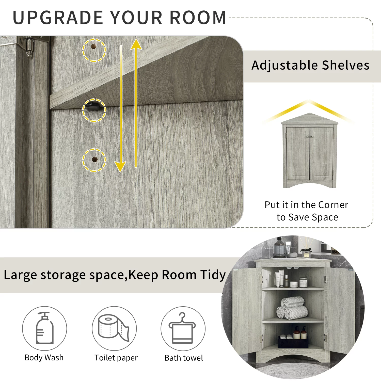Holaki Triangle Bathroom Storage Floor Cabinet, Freestanding Cabinet with Doors and Shelves, Oak