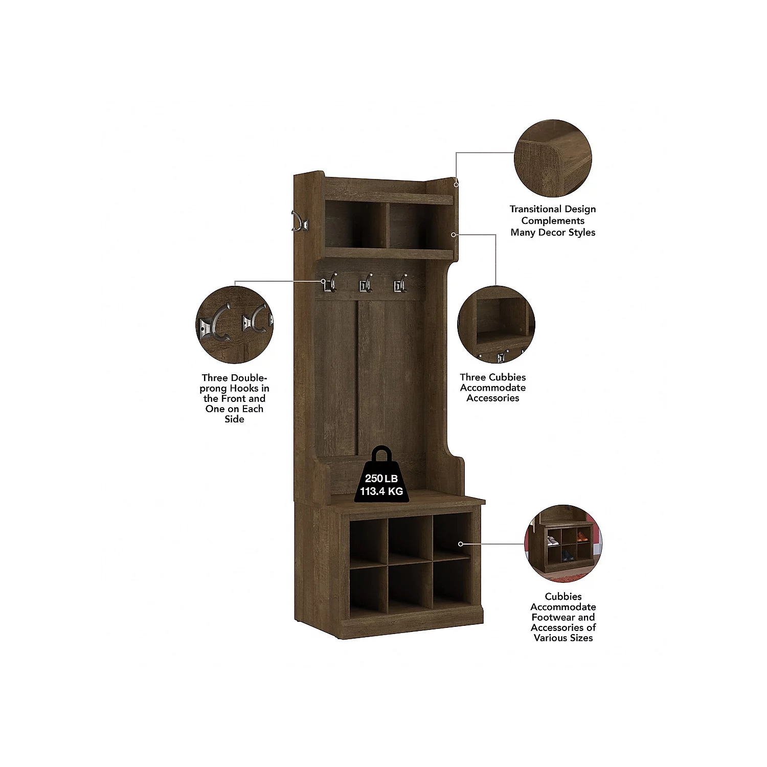 Woodland 24W Hall Tree & Shoe Bench w/ Shelves in Ash Brown - Engineered Wood