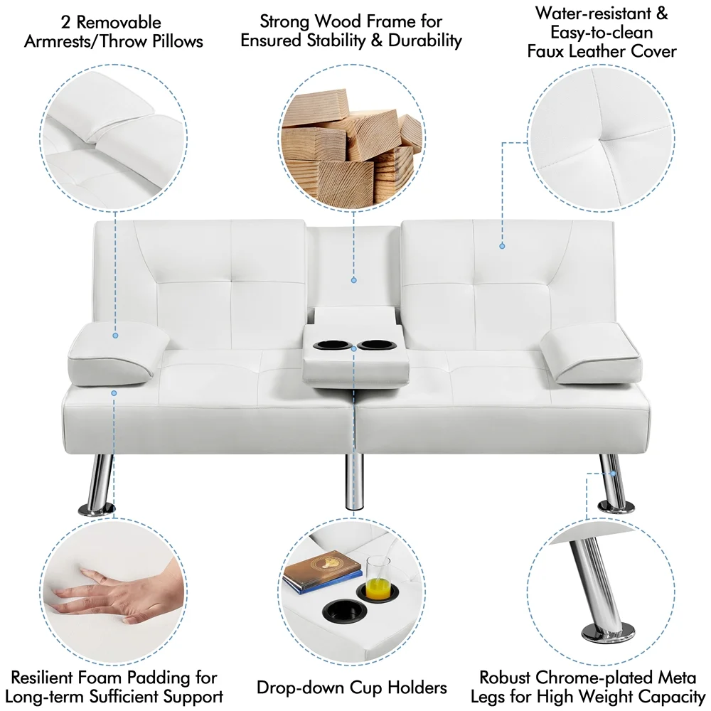 Easyfashion Modern Faux Leather Futon Sofa Bed Convertible Folding Couch with Cup Holders,White