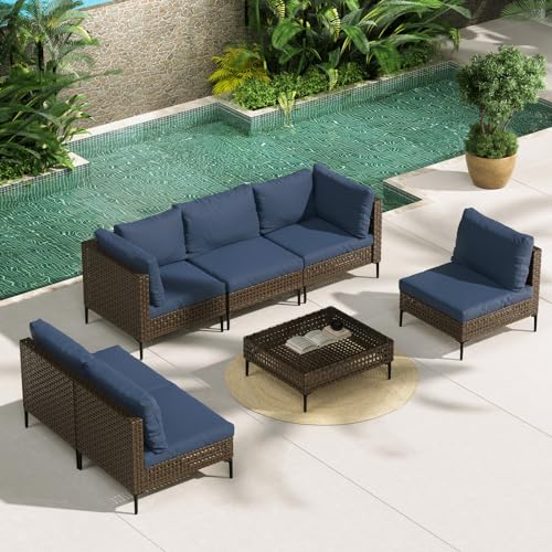 Grand patio 7-Piece Wicker Patio Furniture Set, Boho Outdoor Conversation Set Sectional Sofa with Water Resistant Thick Cushions and Coffee Table