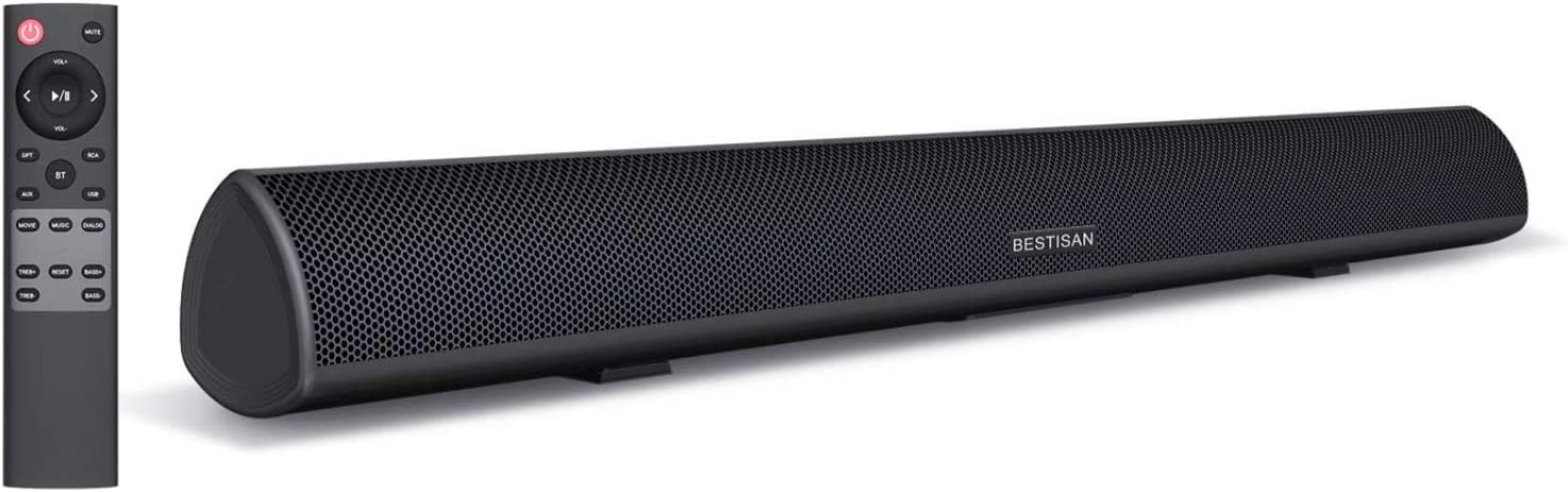 Sound bar, BESTISAN Soundbar Wired and Wireless Bluetooth 5.0 Speaker for TV (28 Inches, Optical Cable Included, DSP, Bass Adjustable