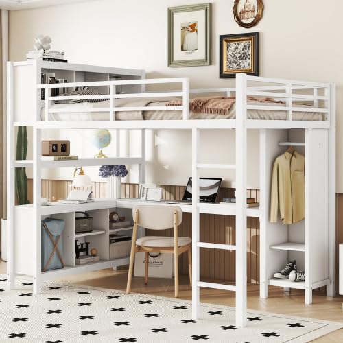 Metal Loft Bed with Wardrobe and L-Shaped Desk, Full Size Loft Bed with Storage Cubes and Shelves, Heavy Duty Loft Bed for Kids Teens, White