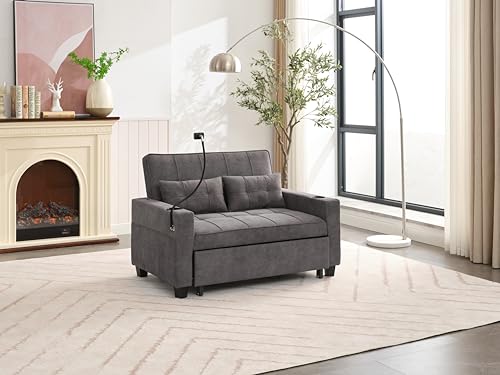 3 in 1 Convertible Sleeper Sofa Bed, Pull Out Sofa Bed with USB Charging Cupholders Adjustable Backrest