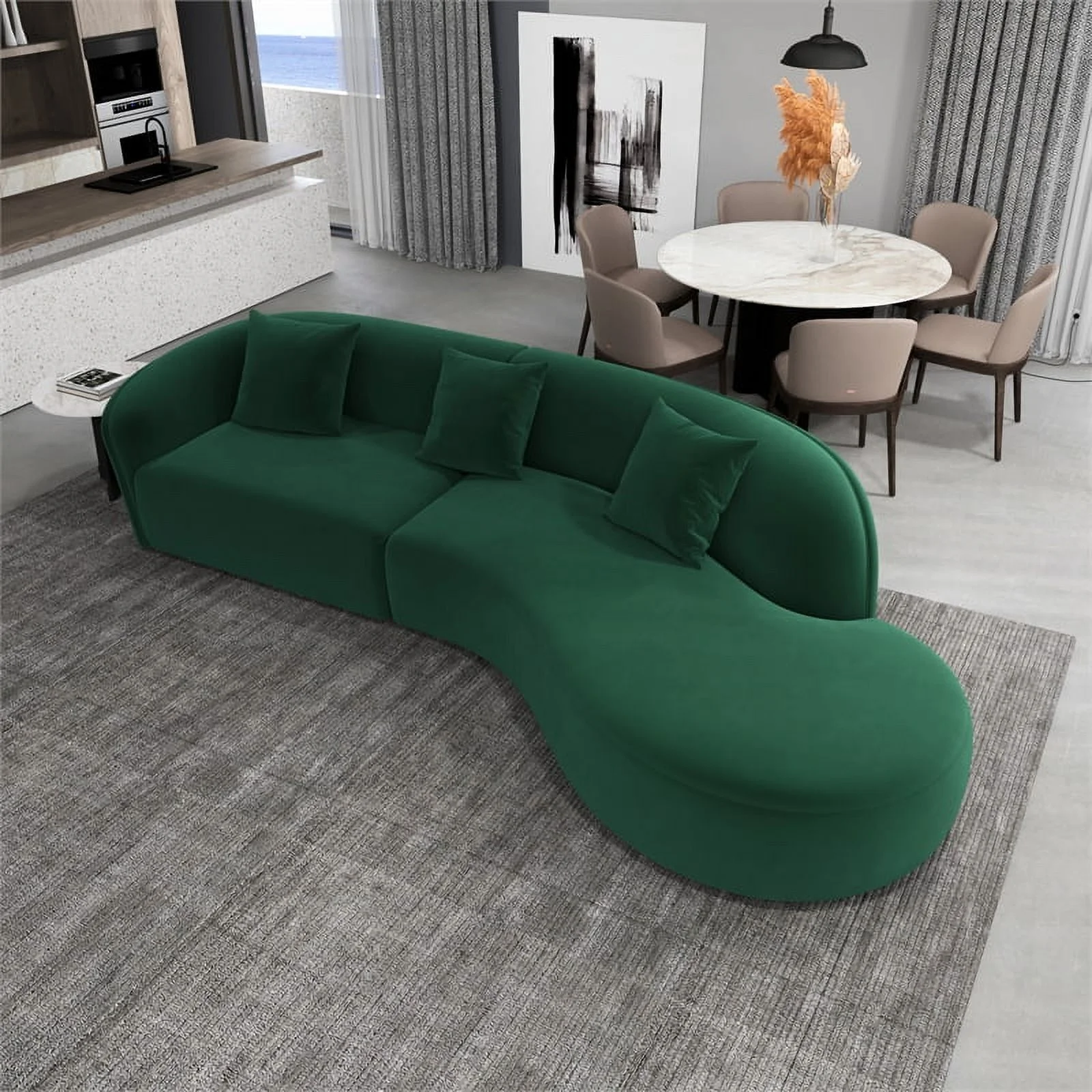 Galler Japandi Style Luxury Modern Velvet Curvy Couch in Green
