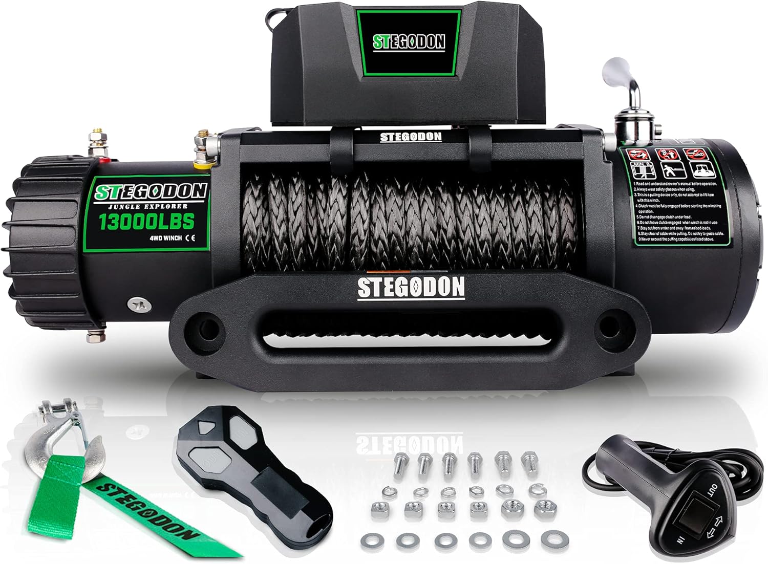 STEGODON New 13000 lb. Load Capacity Electric Winch T3,12V Synthetic Rope Electric Winch with Hawse Fairlead