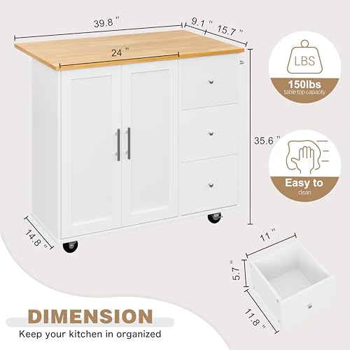 Shintenchi Rolling Kitchen Island Cart with Folding Drop Leaf Breakfast Bar, Portable Trolley Island with Large Storage Cabinet, Shelf and Drawer