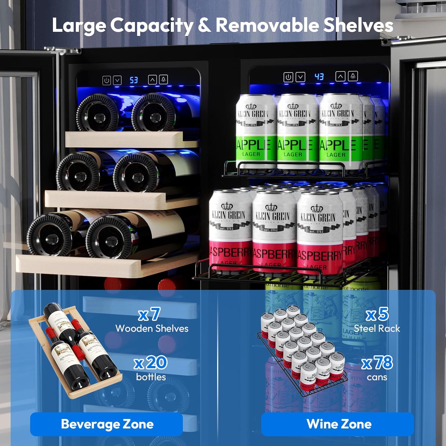 Empava Wine and Beverage Refrigerator Cooler Dual Zone 24 inch, Built-in Counter or Freestanding Fridge with Glass Door and LED Light