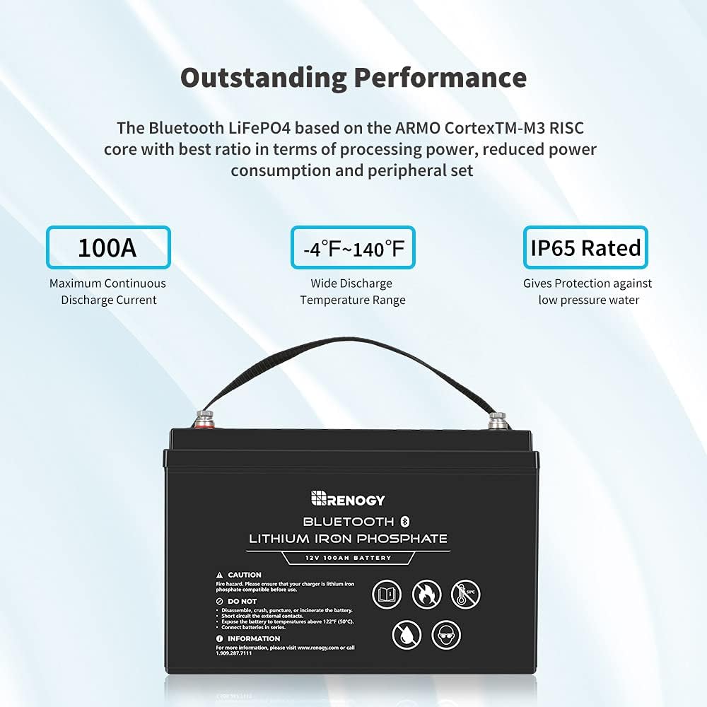 Renogy 12V 100Ah LiFePO4 Deep Cycle Lithium Battery with Bluetooth, 2000 Life Cycles, Built-in BMS, Backup Power Perfect for RV, Camper, Van, Marine