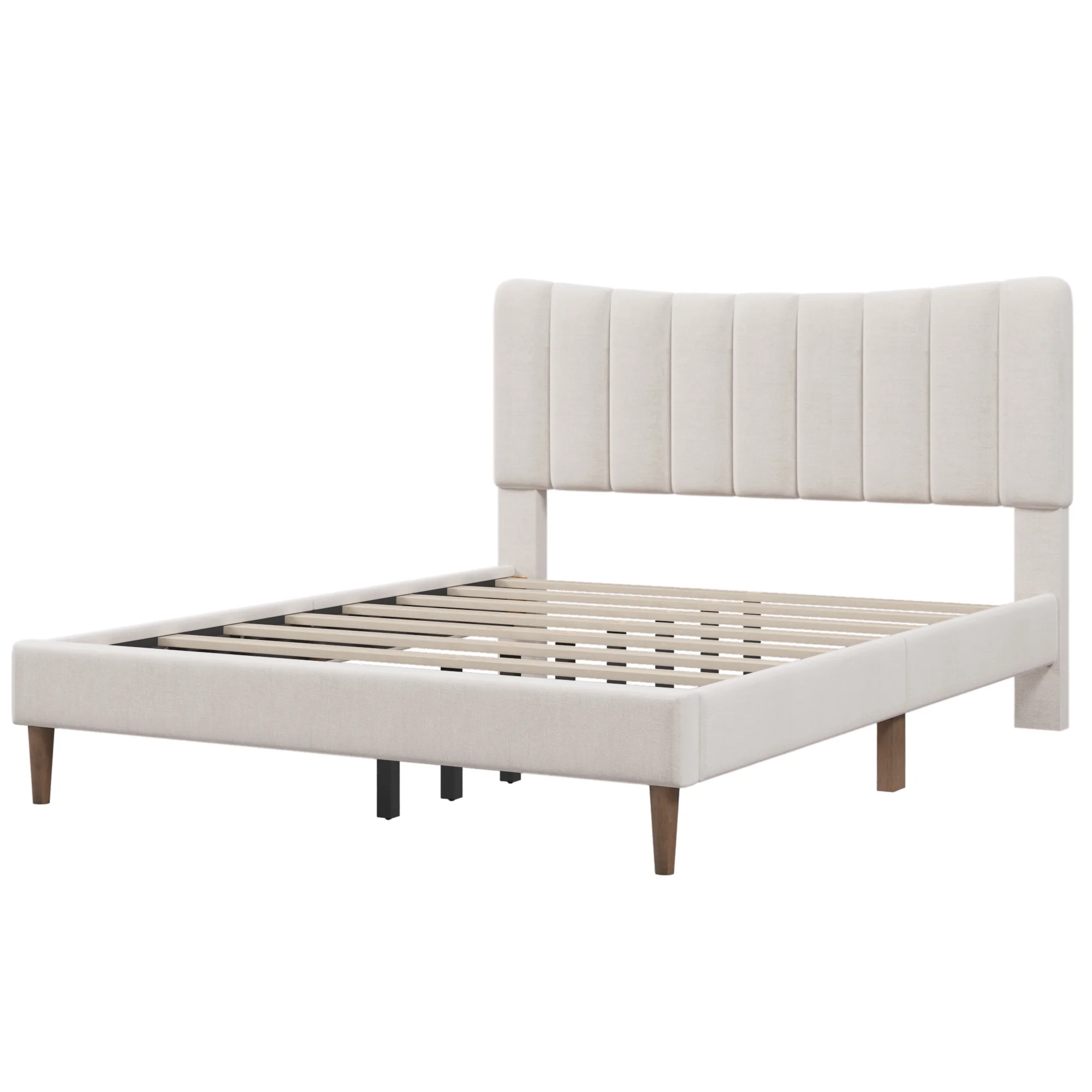 Paproos Bed Frame Queen, New Upgraded Upholstered Platform Bed with Vertical Channel Tufted Headboard, Solid Wood Legs, No Box Spring Needed