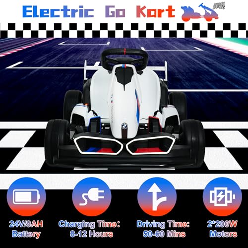 Licensed BMW Electric Go Kart for Kids Ages 6-12, 24V 9AH Drift Kart with Two 200W Motors, LED Lights, Drift Mode& 2 Speed Modes