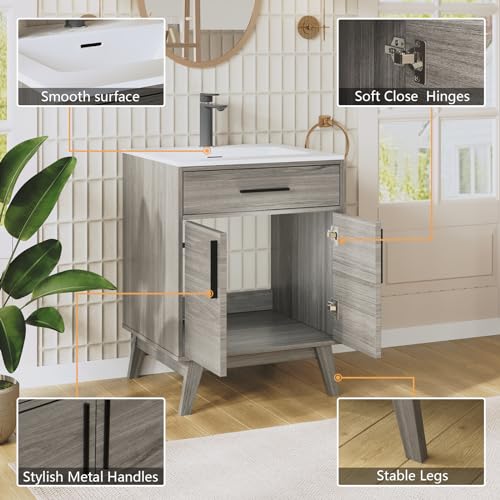 AMERLIFE 24.5" Bathroom Vanity with Sink Combo, Mid-Century Modern Small Single Bathroom Cabinet Set, Integrated Sink