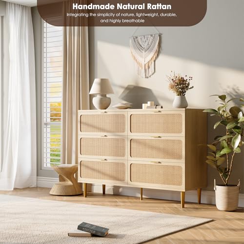 Rattan 5 Drawer Dressers for Bedroom, Tall Dresser with Deep Drawers, Large Chest of Drawers for Closet with Wide Top
