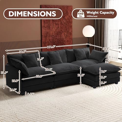 Ihanherry 111.4" U Shaped Modern Cloud Sofa Modular Sectional Couch with 2 Ottoman, 5-Seat Chenille Deep Seat Sofa with Pillow for Living Room
