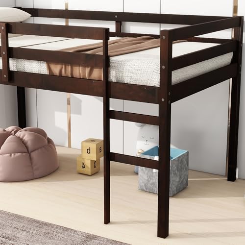 Low Loft Bed Twin Size, Kids Solid Wood Modern Loft Bed Frame with Ladder and Safety Guardrail for Girls Boys, Noise-Free,Non-Toxic Finishes