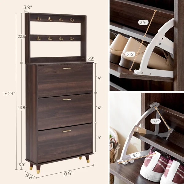 SYTHERS Wardrobe Armoire Closet for Bedroom Entryway, Hall Tree Coat Rack Freestanding with 12 Hooks & 3 Shoe Cabinets, Brown