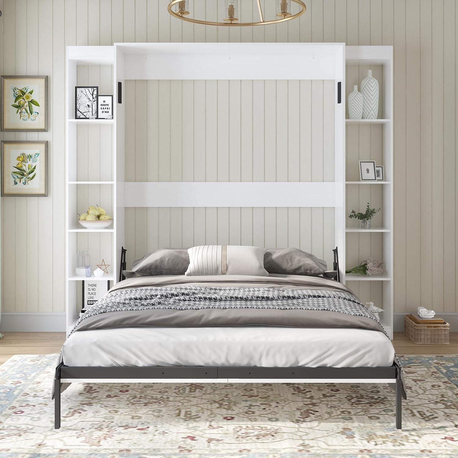 MUZZ Murphy Bed with Wardrobe，Murphy Cube Cabinet Bed with Space Saving Design，Modern Foldable Wall Bed with 2 Side Cabinet