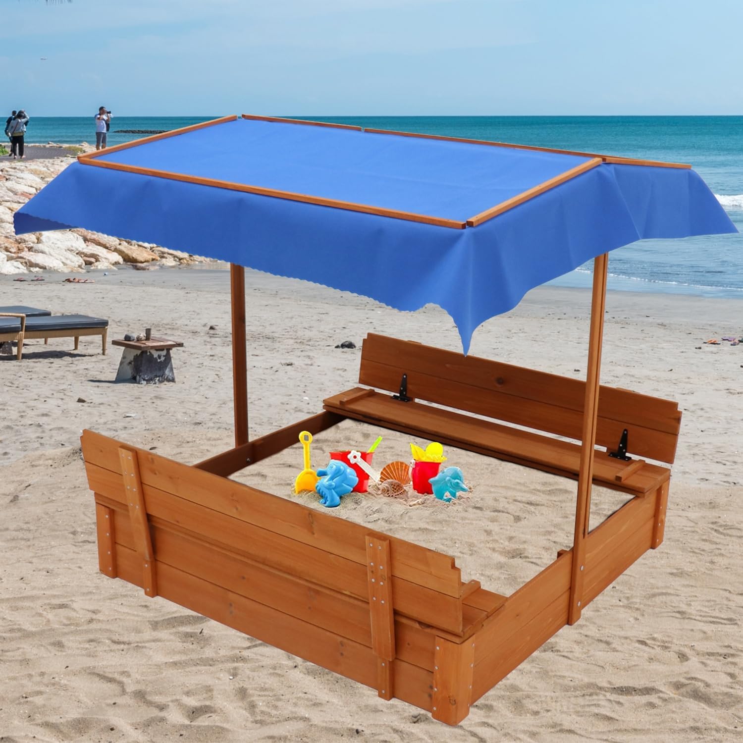 Wooden Cedar Sand Box, Large Kids Sand Boxes with Adjustable Canopy, 2 Foldable Bench Seats, Sand Protection, Bottom Liner