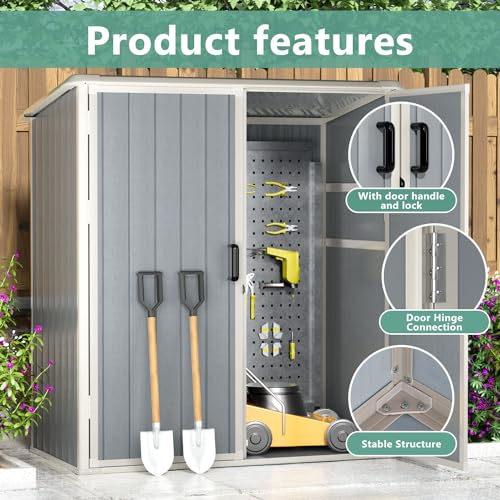 Aoxun Outdoor Storage Shed 5 x 3FT, Resin Shed with Floor and Lockable Door, Plastic Sheds for Garbage Can, Tool, Accessories, Lawn, Garden - Grey