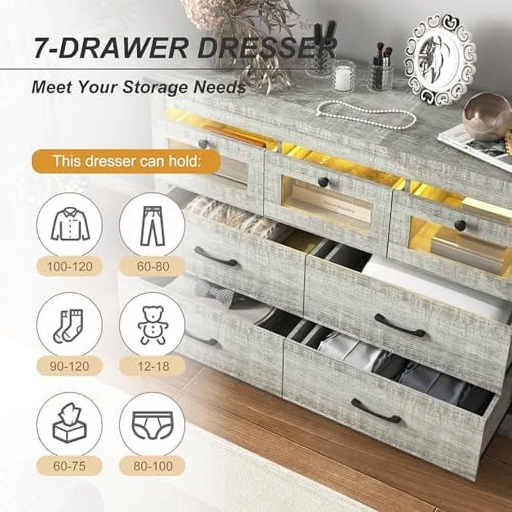 Grey Farmhouse Dresser for Bedroom 7 Drawer Dresser with LED Light  Wood  Dresser Chest of Drawers Wide TV Stand Dresser for Bedroom