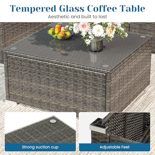 7 Pieces Outdoor Patio Furniture Sets with Glass Tea Table, PE Rattan Wicker Patio Conversation Set with Washable Cushions