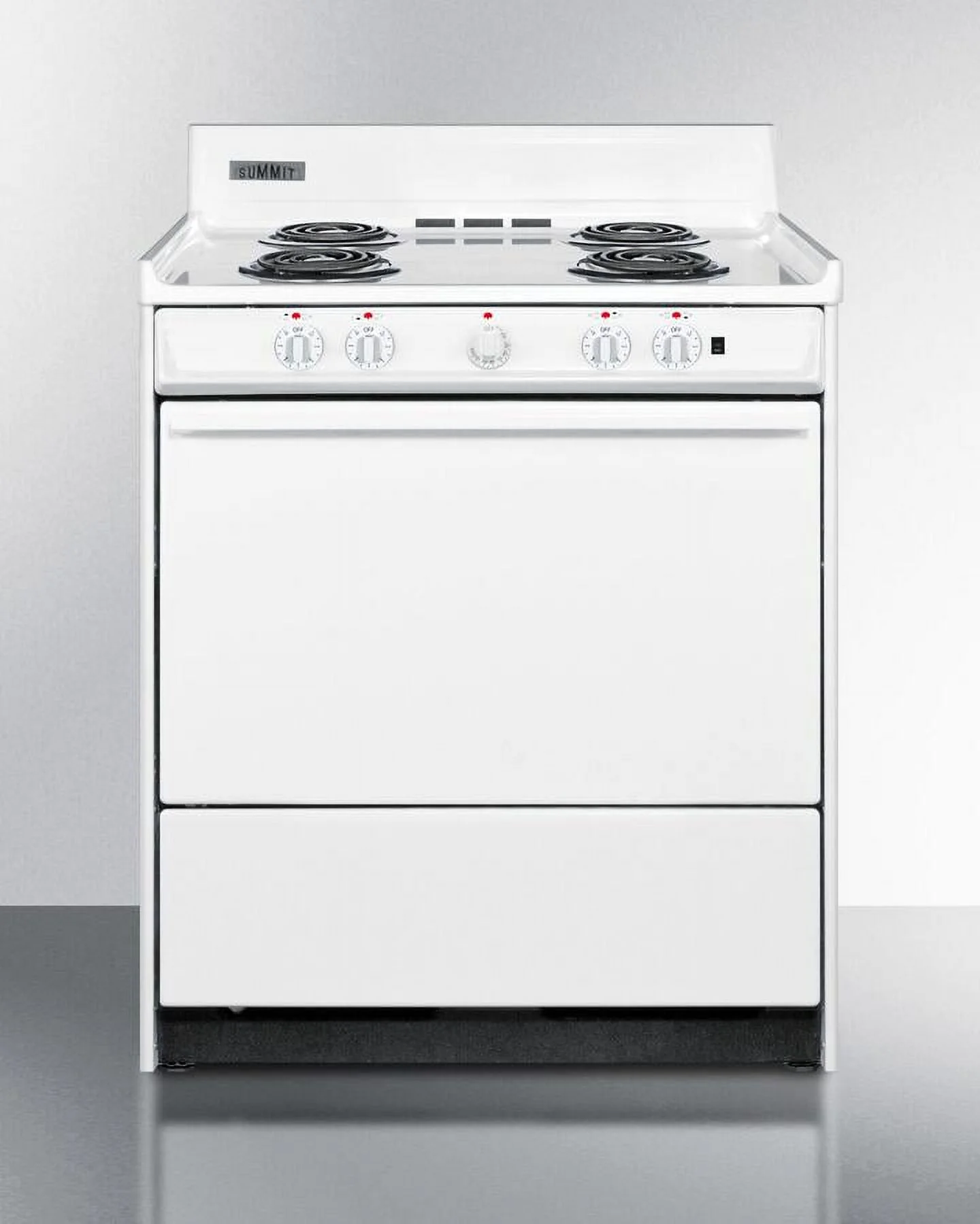 Summit WEM2171Q 30" Freestanding Electric Range with 4 Burners 3.6 Cu. Ft. Capacity Manual Clean Storage Drawer Porcelain oven & 5 Indicator Lights
