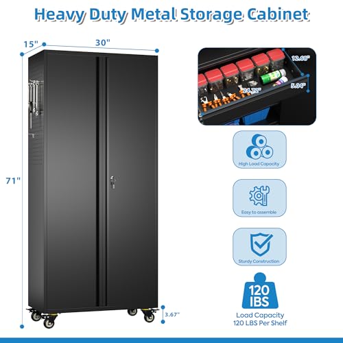 Garage Storage Cabinet with Wheels & Pegboard, 72" H Locking Metal Storage Cabinet with Doors and 4 Adjustable Shelves for Garage Workshop Home