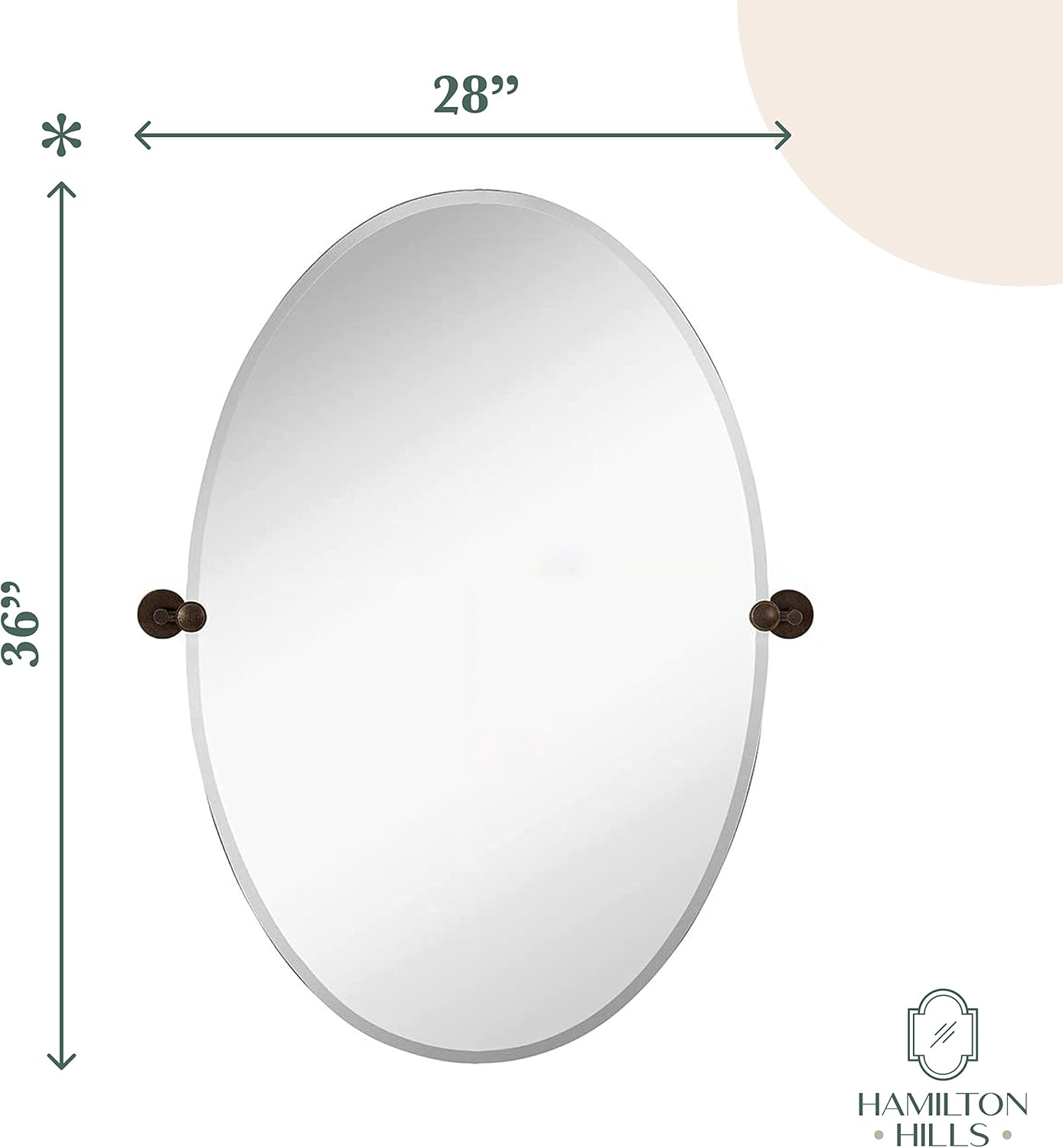 Hamilton Hills 24x36 inch Frameless Oval Pivot Wall Mirror with Oil Rubbed Bronze Rounded Wall Brackets | Large Circular Tilt & Pivoting Bathroom