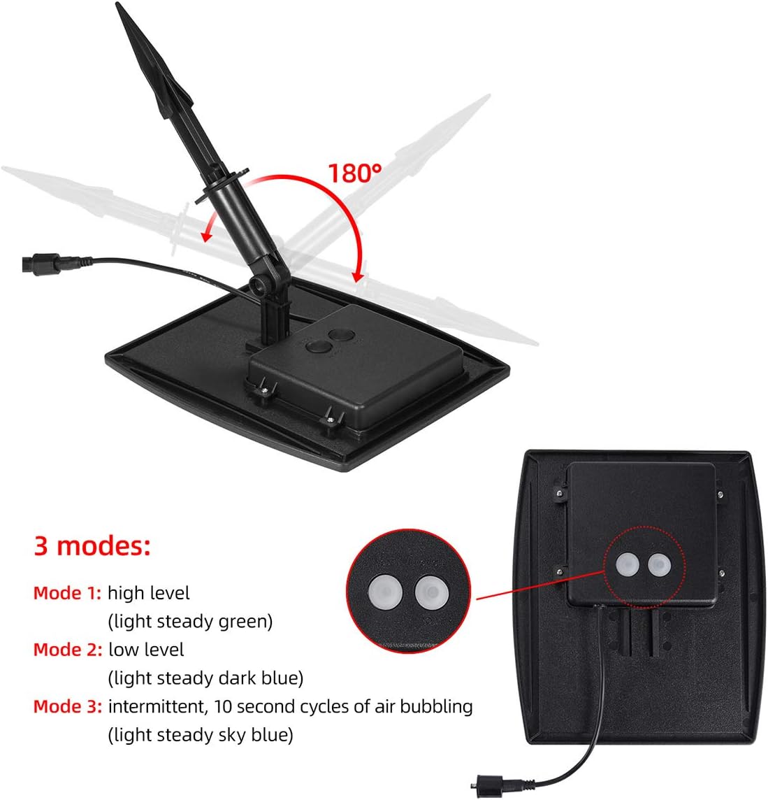 Battery Backup Solar Air Pump for Hydroponic Air Hoses and Bubble Stones, 3 Working Modes, 20 ft Extension Cable, 50 dB