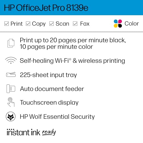 HP OfficeJet Pro 8139e Wireless All-in-One Color Inkjet Printer, Print, scan, Copy, fax, ADF, Duplex Printing Best-for-Home Office