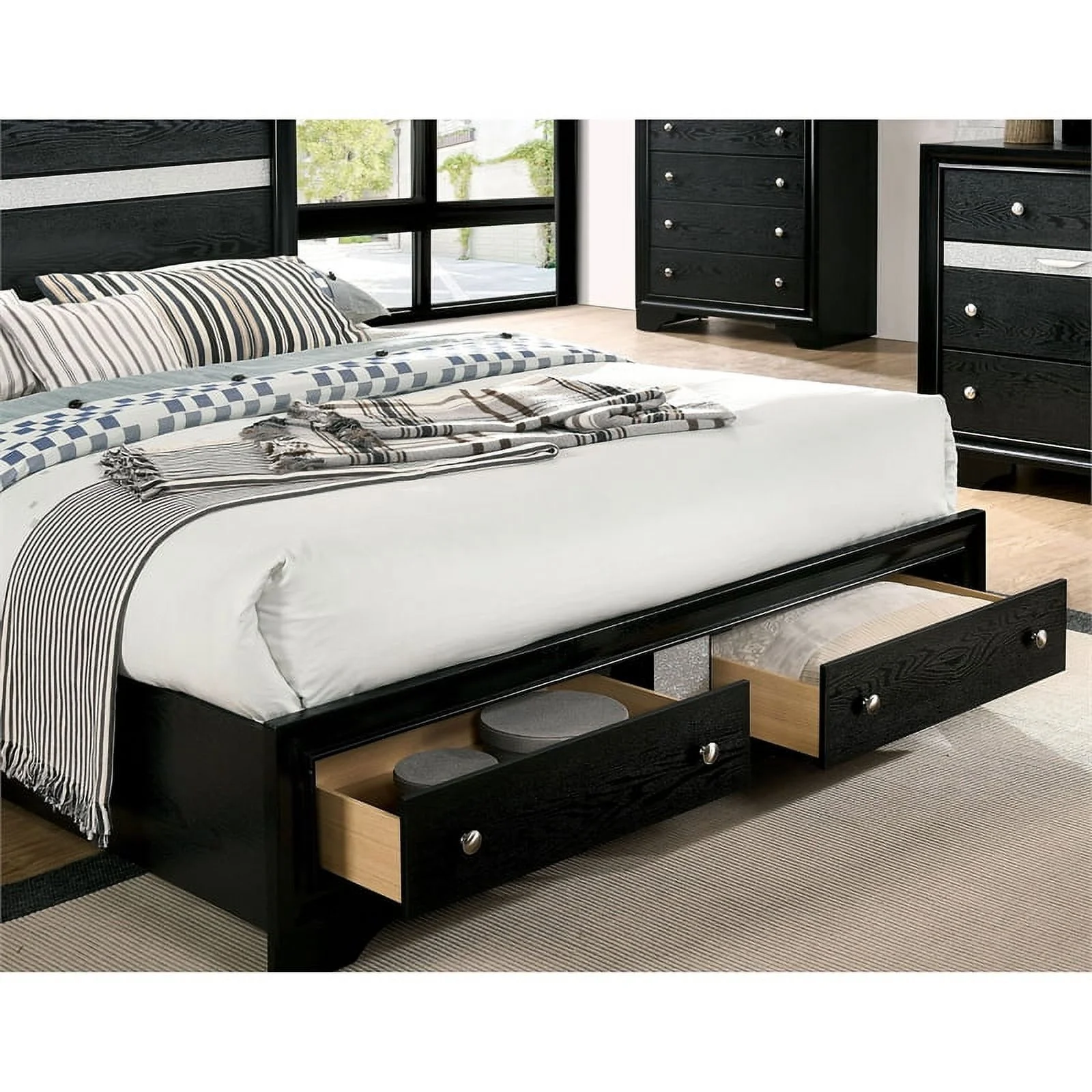 FOA Laren 3-Piece Black Wood Bedroom Set - King + Nightstand + Dresser