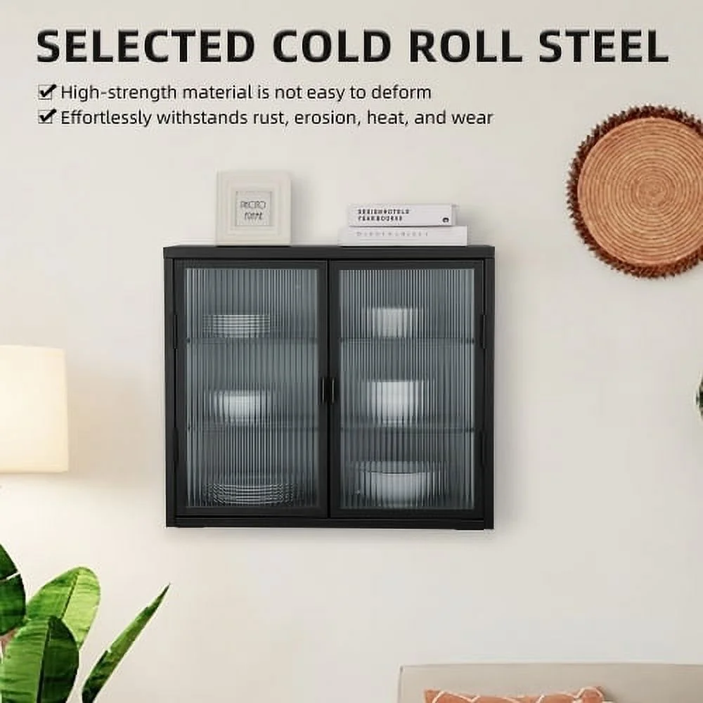 Retro Style Haze Double Glass Door Wall Cabinet With Detachable Shelves for Office, Dining Room,Living Room