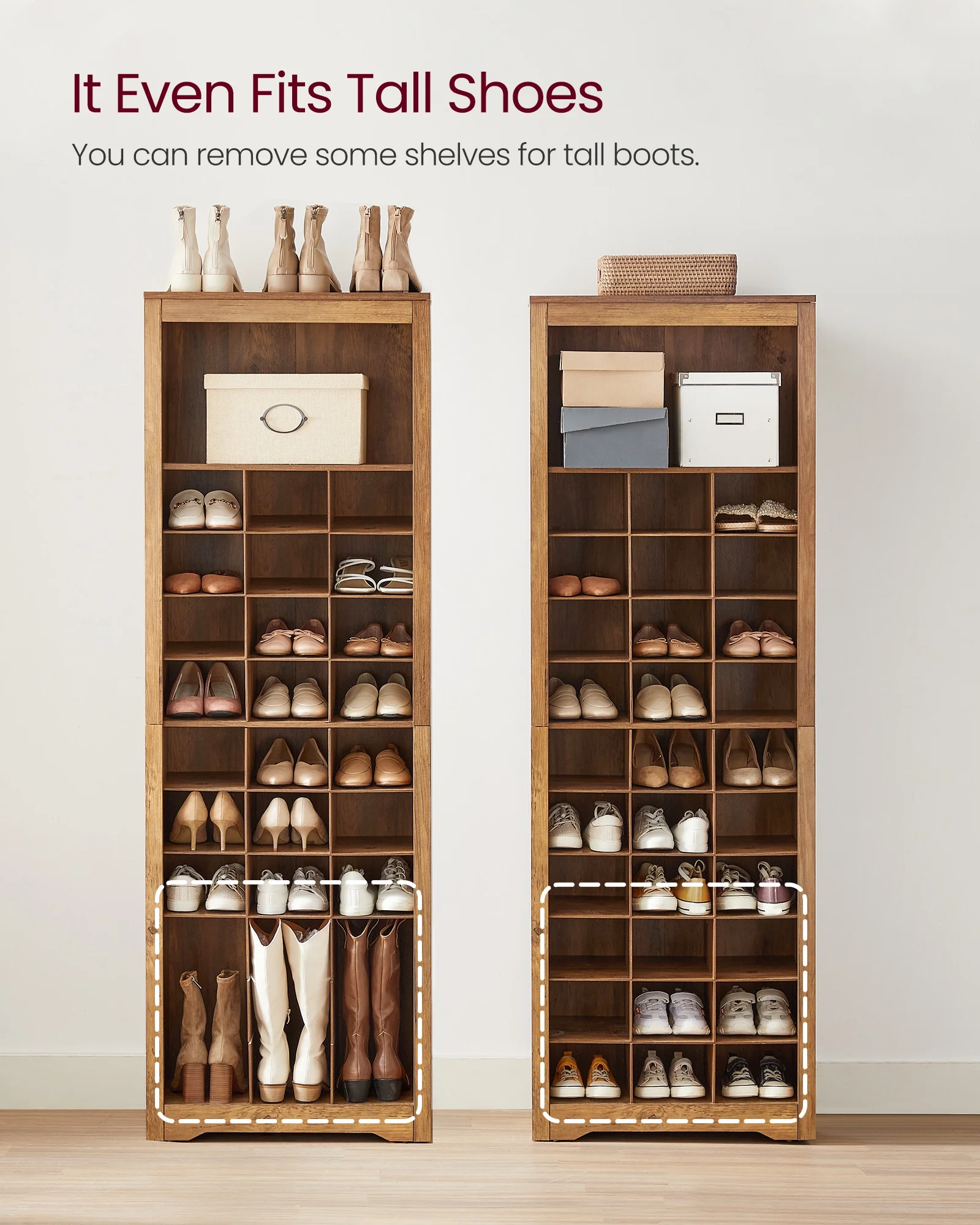 VASAGLE 10-Tier Shoe Storage Cabinet, Holds 30 Pairs, Space-Saving Shoe Rack Organizer - Rustic Walnut