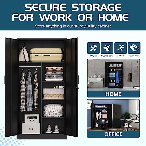 MIIIKO Steel Cabinet Wardrobe, Metal Locker Cabinet with Hanging Rod, Metal Clothing Locker Storage for Home, Office, Garage and Changing Room
