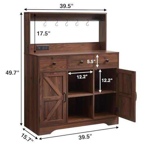 Wnutrees 39" Farmhouse Coffee Bar Cabinet with 3 Drawers and Charging Station