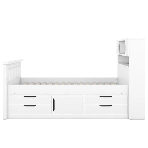 Harper & Bright Designs Twin Size Captain Platform Bed with Bookcase Headboard, Wood Twin Bed Frame with Storage Drawers and Shelves