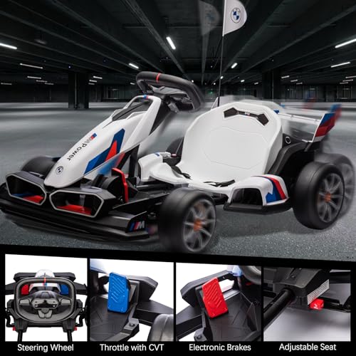 36V Licensed BMW Electric Go Kart, 7.5 MPH Drift Kart with 600W Motor, Outdoor Driftable Kids Race Pedal Go Karting Car w/Adjustable Seat, Lights