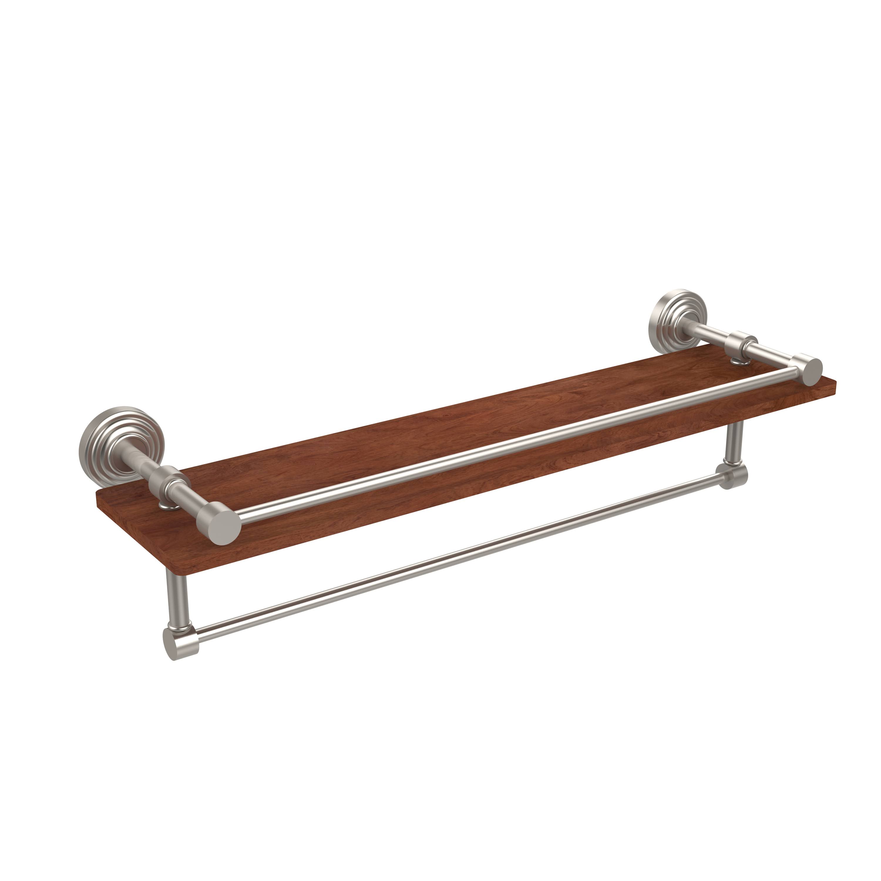 Allied Brass Waverly Place Collection 22 in. IPE Ironwood Shelf with Gallery Rail and Towel Bar in Satin Nickel
