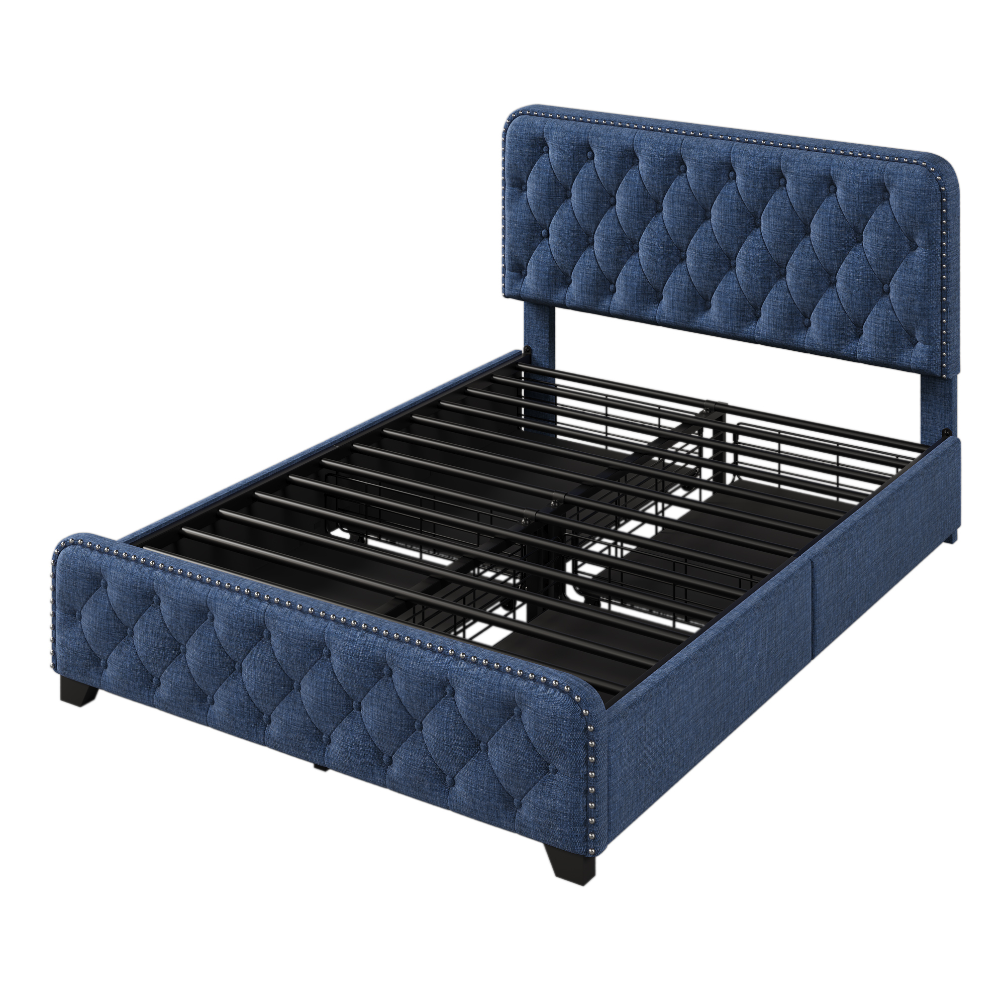 Upholstered Platform Bed Frame with Four Drawers, Button Tufted Headboard and Footboard Sturdy Metal Support, No Box Spring Required, Blue