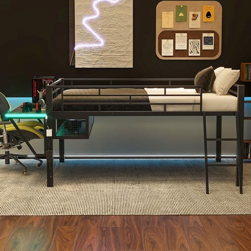 Gaming Bed with Desk,Wardrobe,Ample Storage Space,and RGB LED Light, Full Size Wood Loft Bed for Kids Bedroom (Cloud Blue/K)