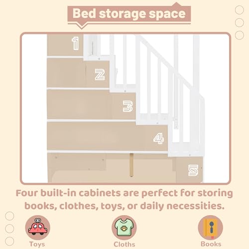 Full Murphy Bed with Stairs, Convertible Wall Bed Frame with Hydraulic Lift & Desk, Murphy Cabinet Beds with Upper Bed for Teens, Boys and Girls