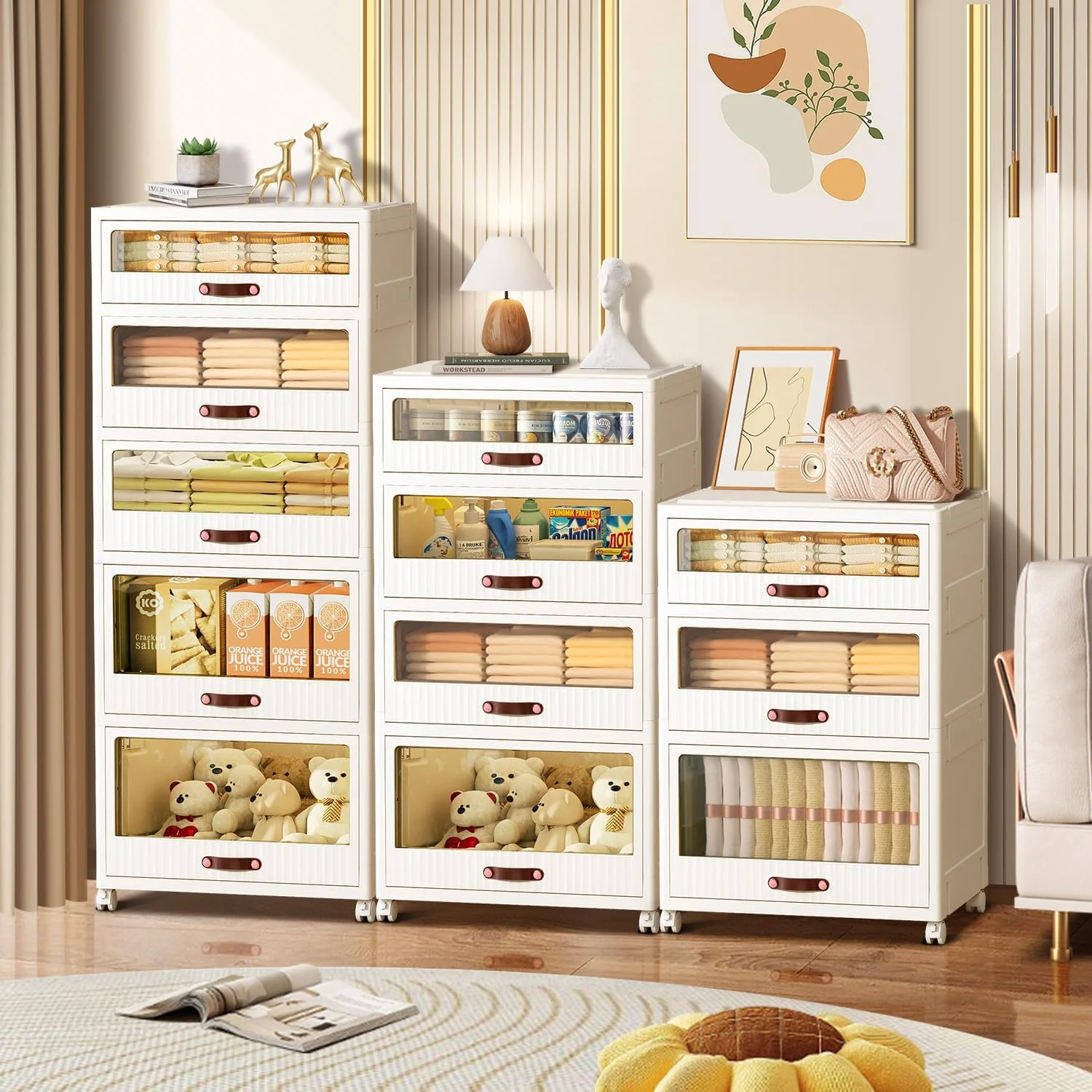 5 Drawers Dresser for Bedroom with Doors Storage Closet Folding Plastic Chest Vertical Drawer Storage Tower Stackable Clear Tall Dressers Small