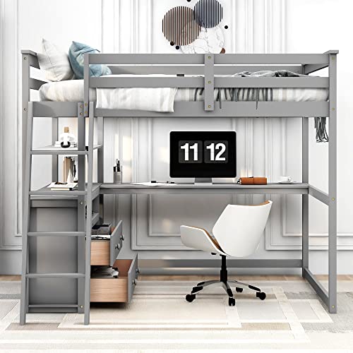 Harper & Bright Designs Twin Size Loft Bed with Wardrobe, Desk and Multiple Storage Shelves, Solid Wood Loft Bed Frame with Bookshelf
