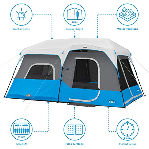 CORE Instant Cabin Tents with LED Lights | 6 Person / 9 Person / 12 Person Family Multi Room Lighted Pop Up Tents for Camping | Included Storage