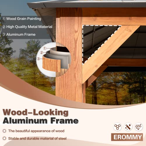 EROMMY 12'x20' Hardtop Gazebo Double Roof Galvanized Steel Canopy Outdoor Aluminum Frame Permanent Metal Pavilion with Netting and Curtains for Patio