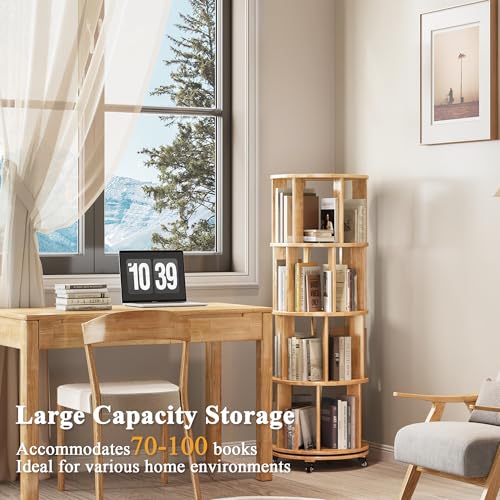 6 Tier Rotating Bookshelf Tower Spinning Bookshelf with Swivel Wheels Book Shelf Rotating Storage Tower for Kids Adult Narrow Walnut Solid Wood